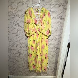 ASOS DESIGN pleated wrap front midi dress in yellow floral
